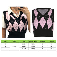 Load image into Gallery viewer, Muyogrt V Neck Vintage Argyle Sweater Vest Women Black Sleeveless Plaid Knitted Crop Sweaters Casual Autumn Preppy Style