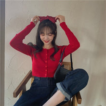 Load image into Gallery viewer, Korean Style O-neck Short Knitted Sweaters Women Thin Cardigan Fashion Sleeve Sun Protection Crop Top Ropa Mujer