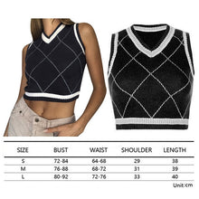 Load image into Gallery viewer, Muyogrt V Neck Vintage Argyle Sweater Vest Women Black Sleeveless Plaid Knitted Crop Sweaters Casual Autumn Preppy Style