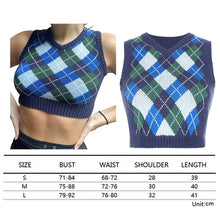 Load image into Gallery viewer, Muyogrt V Neck Vintage Argyle Sweater Vest Women Black Sleeveless Plaid Knitted Crop Sweaters Casual Autumn Preppy Style