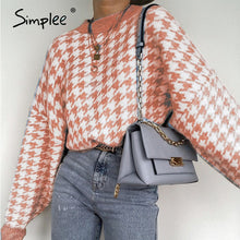 Load image into Gallery viewer, Simplee Women geometric khaki knitted sweater women casual Houndstooth lady pullover sweater female Autumn winter retro jumper
