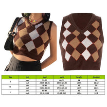 Load image into Gallery viewer, Muyogrt  V Neck Vintage Argyle Sweater Vest Women Black Sleeveless Plaid Knitted Crop Sweaters Casual Autumn Preppy Style
