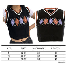 Load image into Gallery viewer, Muyogrt  V Neck Vintage Argyle Sweater Vest Women Black Sleeveless Plaid Knitted Crop Sweaters Casual Autumn Preppy Style
